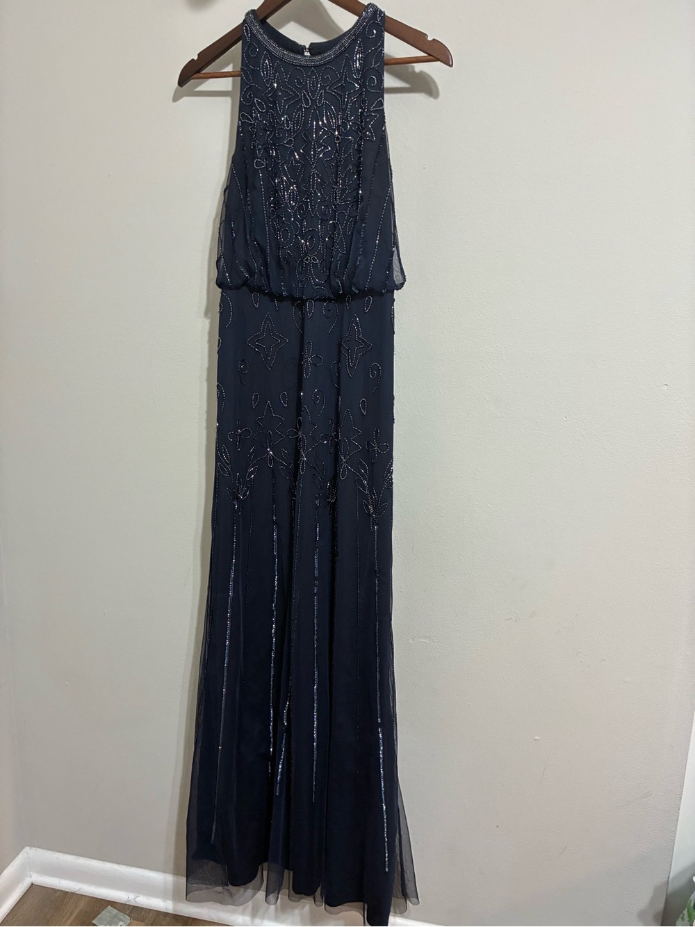Adrianna Papell Navy Beaded Sequin Mesh Evening Gown Formal Maxi Dress Size 10